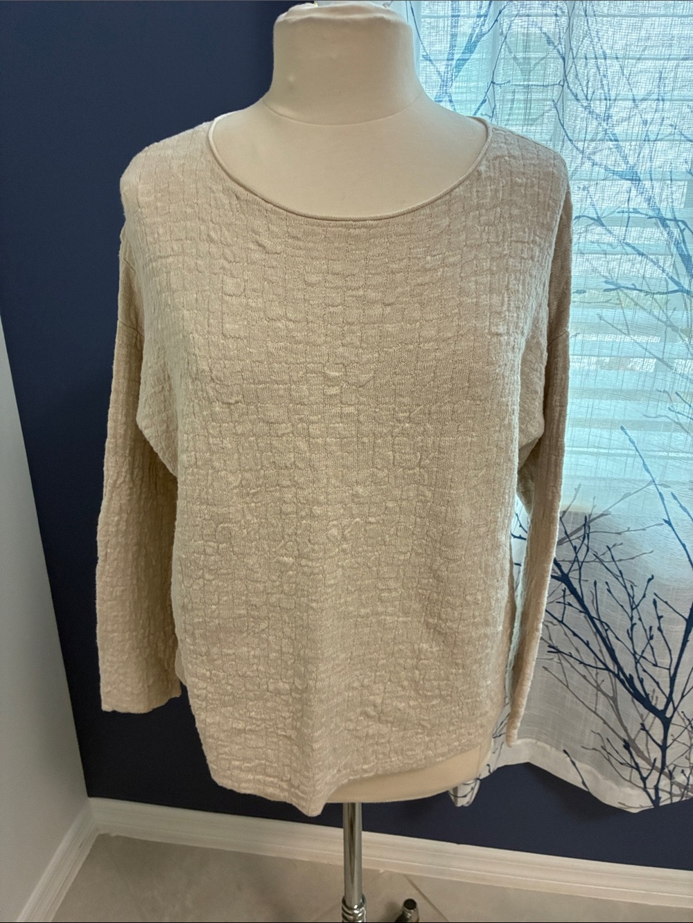 Eileen Fisher Cream Textured Knit Long Sleeve Top